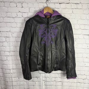 Milwaukee Leather Women's 3/4 Length Black and Purple Leather Hoodie Jacket Size